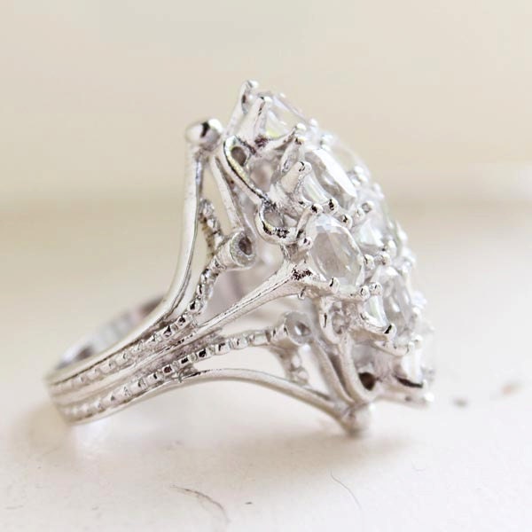 Vintage Cocktail Ring with Clear Austrian Crystals – 18K White Gold Electroplated – April Birthstone – Made in USA jewelry image 1