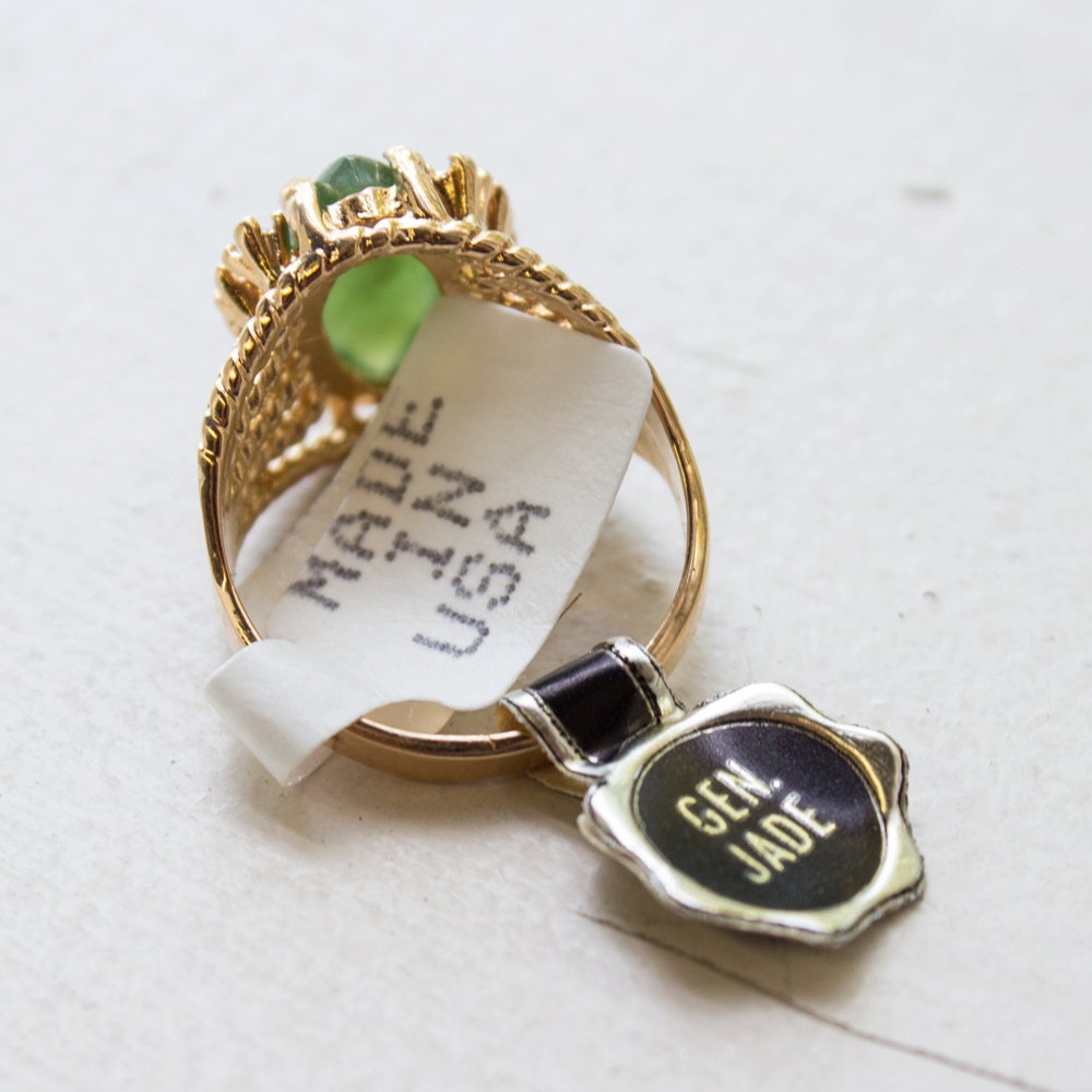 Vintage Genuine Jade Marquise Filigree Ring – 18k Gold Electroplated, Made in USA jewelry image 1
