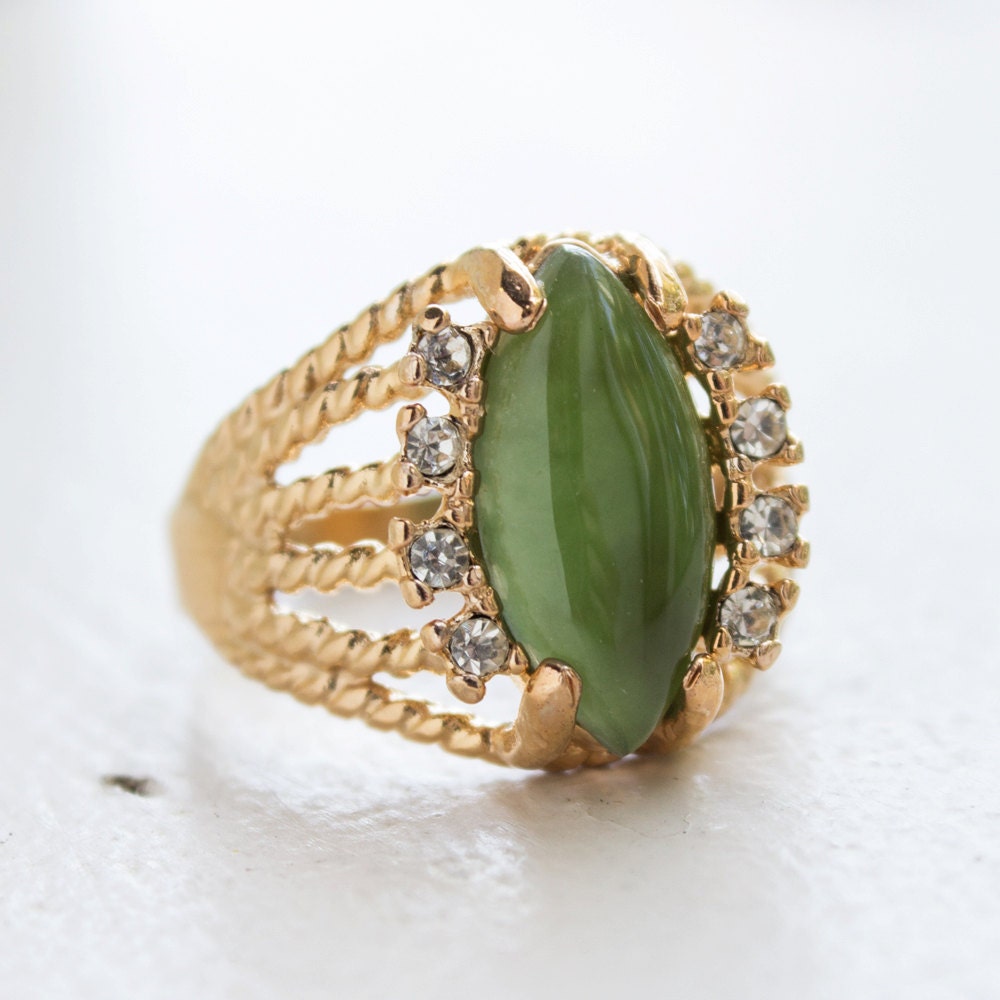 Vintage Genuine Jade Marquise Filigree Ring – 18k Gold Electroplated, Made in USA jewelry image 1