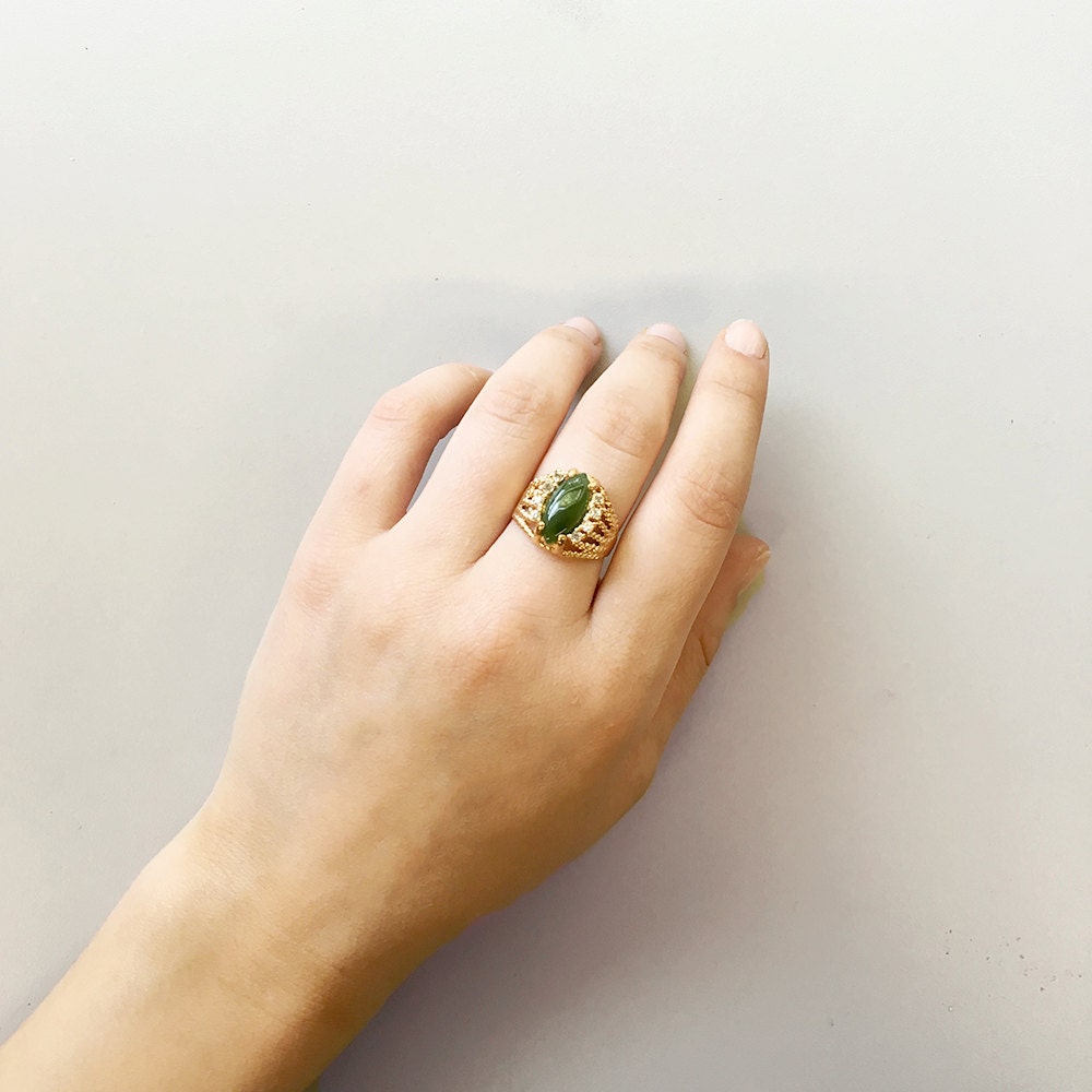Vintage Genuine Jade Marquise Filigree Ring – 18k Gold Electroplated, Made in USA jewelry image 1