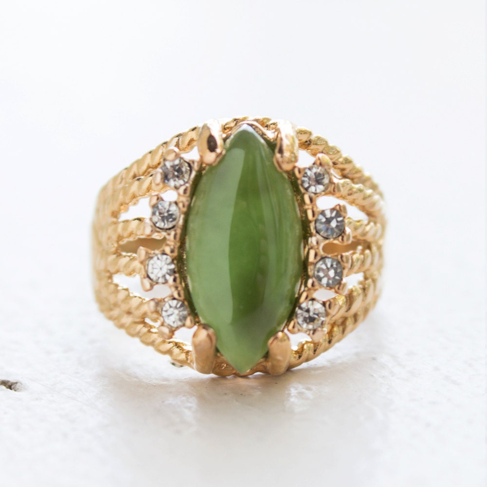 Vintage Genuine Jade Marquise Filigree Ring – 18k Gold Electroplated, Made in USA jewelry image 1
