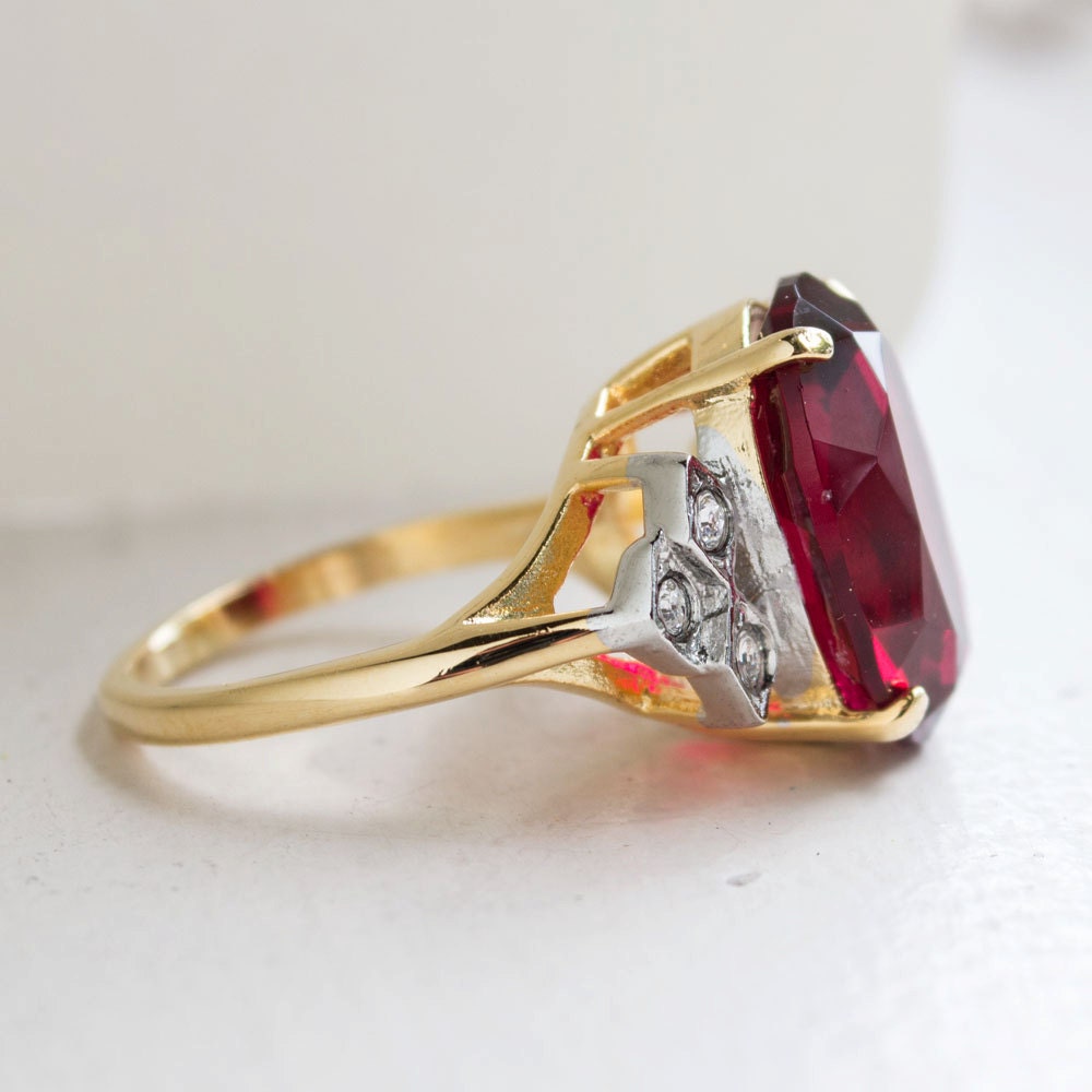 Vintage 1970s Ruby Red Austrian Crystal Cocktail Ring - 18k HGE jewelry image 1