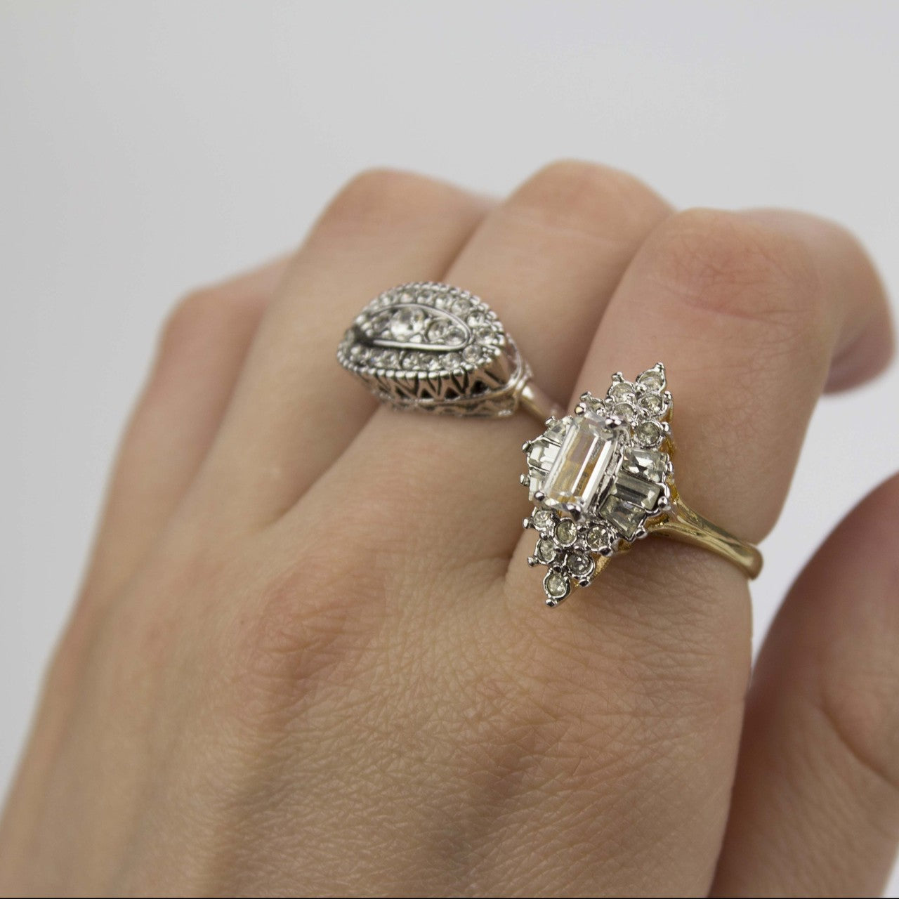 Vintage Jewelry Clear Crystal Cocktail Ring 18k Yellow Gold Electroplated  Made in the USA