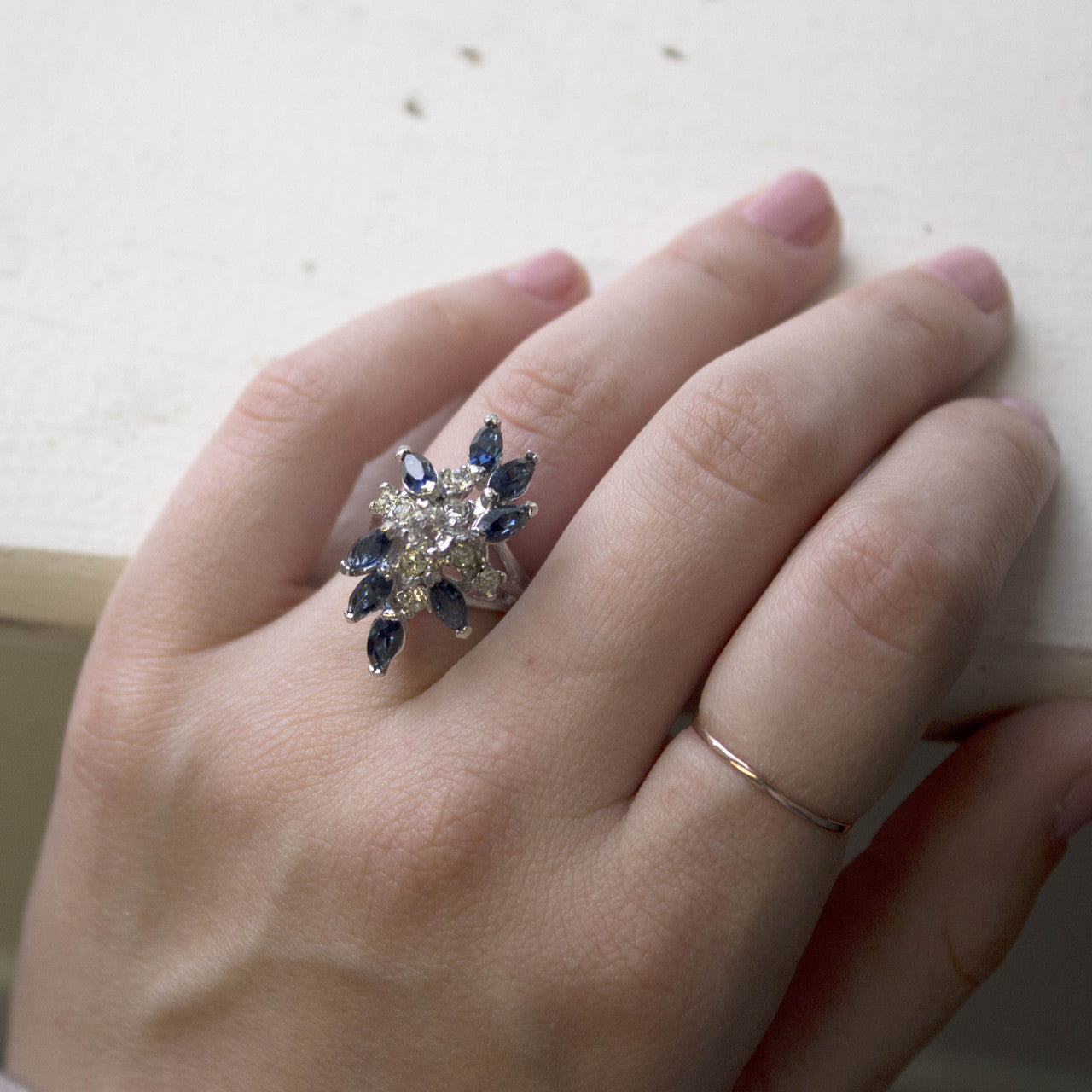 Vintage Jewelry Sapphire and Clear Austrian Crystal Cocktail Ring 18k White Gold Electroplated