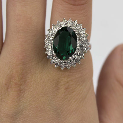 Vintage Jewelry Emerald and Clear Crystal Cocktail Ring in 18kt Gold Electroplate Made in the USA