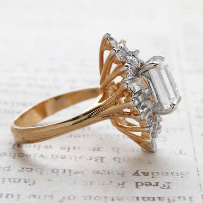 Vintage Jewelry Clear Crystal Cocktail Ring 18k Yellow Gold Electroplated  Made in the USA