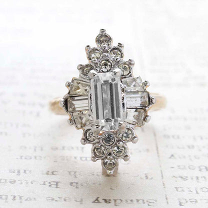 Vintage Jewelry Clear Crystal Cocktail Ring 18k Yellow Gold Electroplated  Made in the USA