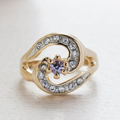 Vintage Ring 18k Yellow Gold Electroplated with Alexandrite and Clear Crystals made in the USA