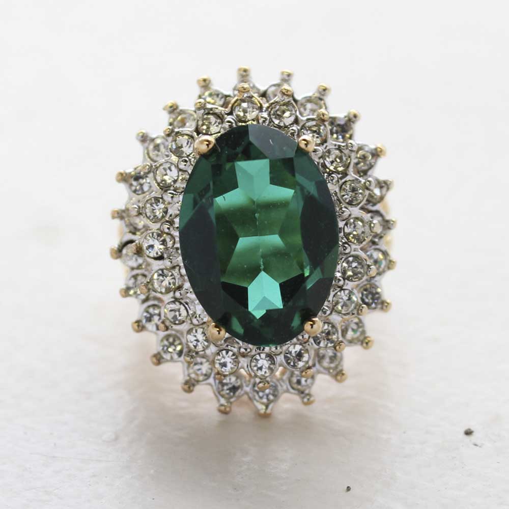 Vintage Jewelry Emerald and Clear Crystal Cocktail Ring in 18kt Gold Electroplate Made in the USA