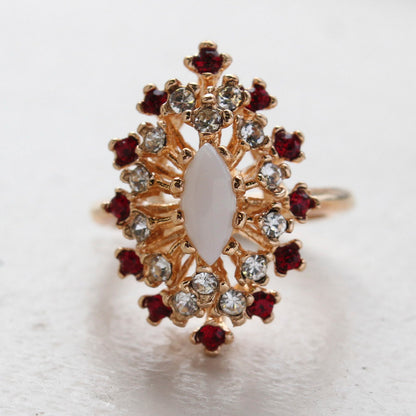 Vintage Ring Genuine Opal with Clear and Ruby Austrian Crystals 18kt Yellow Gold Electroplated