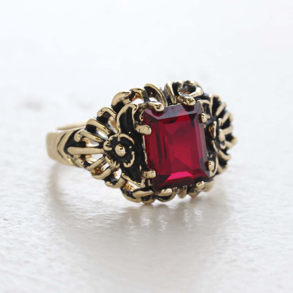 Vintage Ring Emerald Cut Ruby Austrian Crystal 18kt Antiqued Yellow Gold Plated Filigree Ring