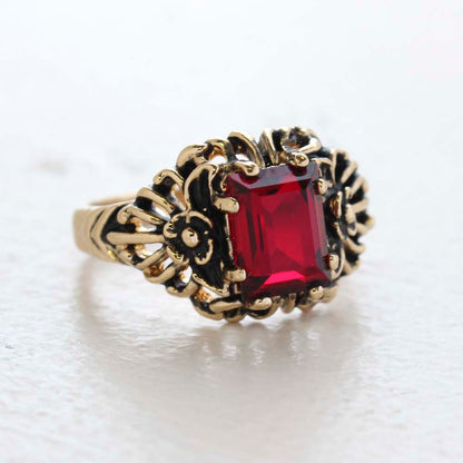 Vintage Ring Emerald Cut Ruby Austrian Crystal 18kt Antiqued Yellow Gold Plated Filigree Ring