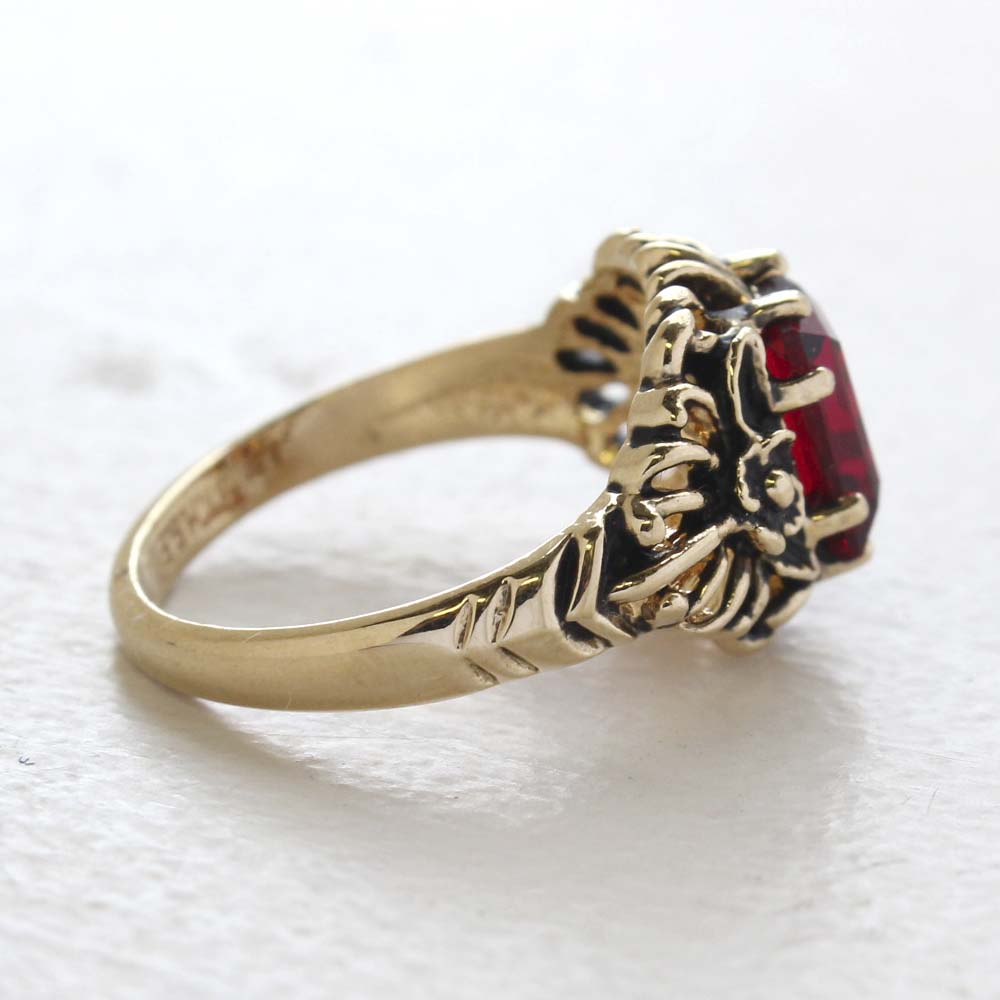 Vintage Ring Emerald Cut Ruby Austrian Crystal 18kt Antiqued Yellow Gold Plated Filigree Ring