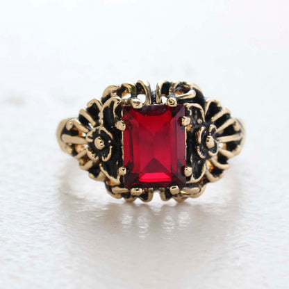Vintage Ring Emerald Cut Ruby Austrian Crystal 18kt Antiqued Yellow Gold Plated Filigree Ring