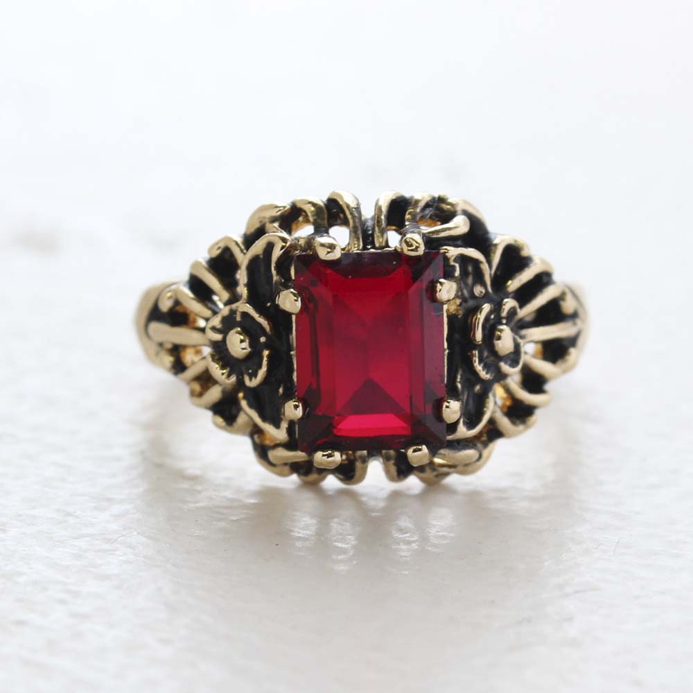 Vintage Ring Emerald Cut Ruby Austrian Crystal 18kt Antiqued Yellow Gold Plated Filigree Ring