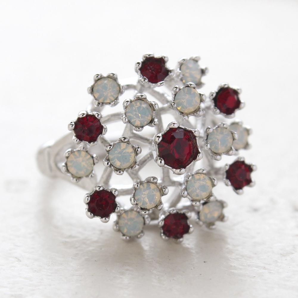 Vintage Ring Ruby Austrian Crystals and Pinfire Opals 18k White Gold Electroplate Made in the USA