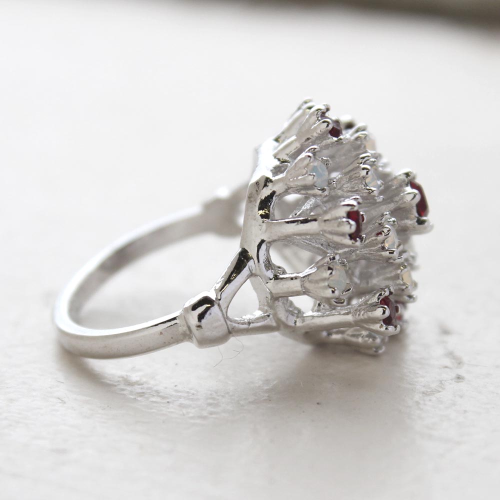 Vintage Ring Ruby Austrian Crystals and Pinfire Opals 18k White Gold Electroplate Made in the USA