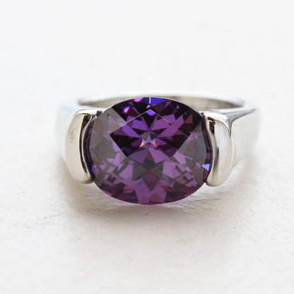Vintage Jewelry Amethyst Austrian Crystal Ring 18k White Gold Electroplated Ring Made in USA