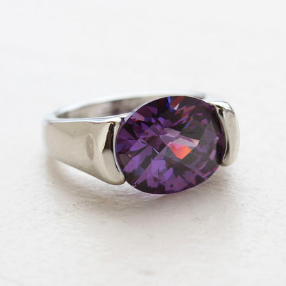 Vintage Jewelry Amethyst Austrian Crystal Ring 18k White Gold Electroplated Ring Made in USA