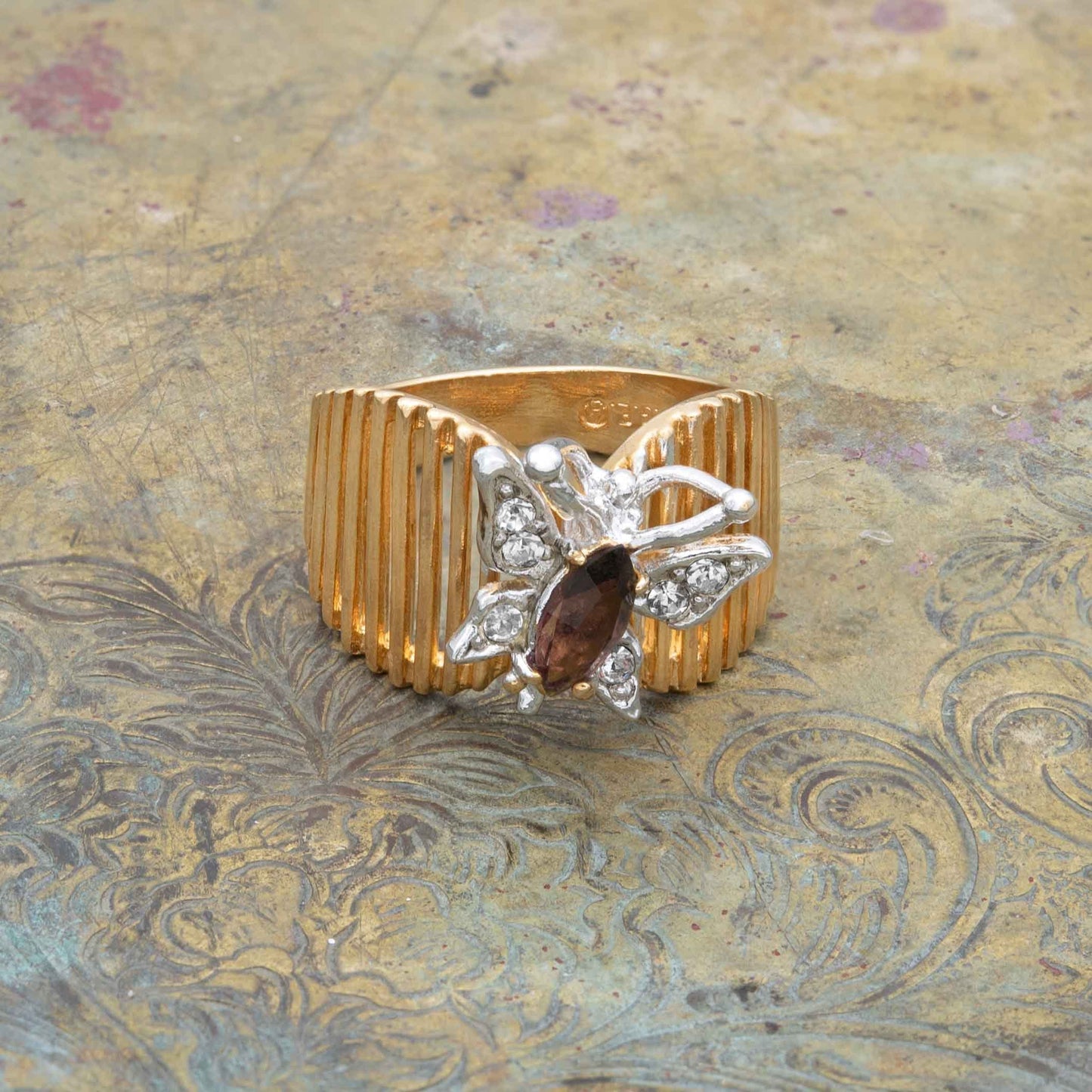 Vintage Butterfly Ring Genuine Coral and Clear Austrian Crystals 18kt Yellow Gold Electroplated