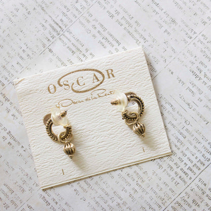 Vintage Oscar De La Renta Antiqued Gold Tone Textured Hoops with Removable Dangling Charms Earrings