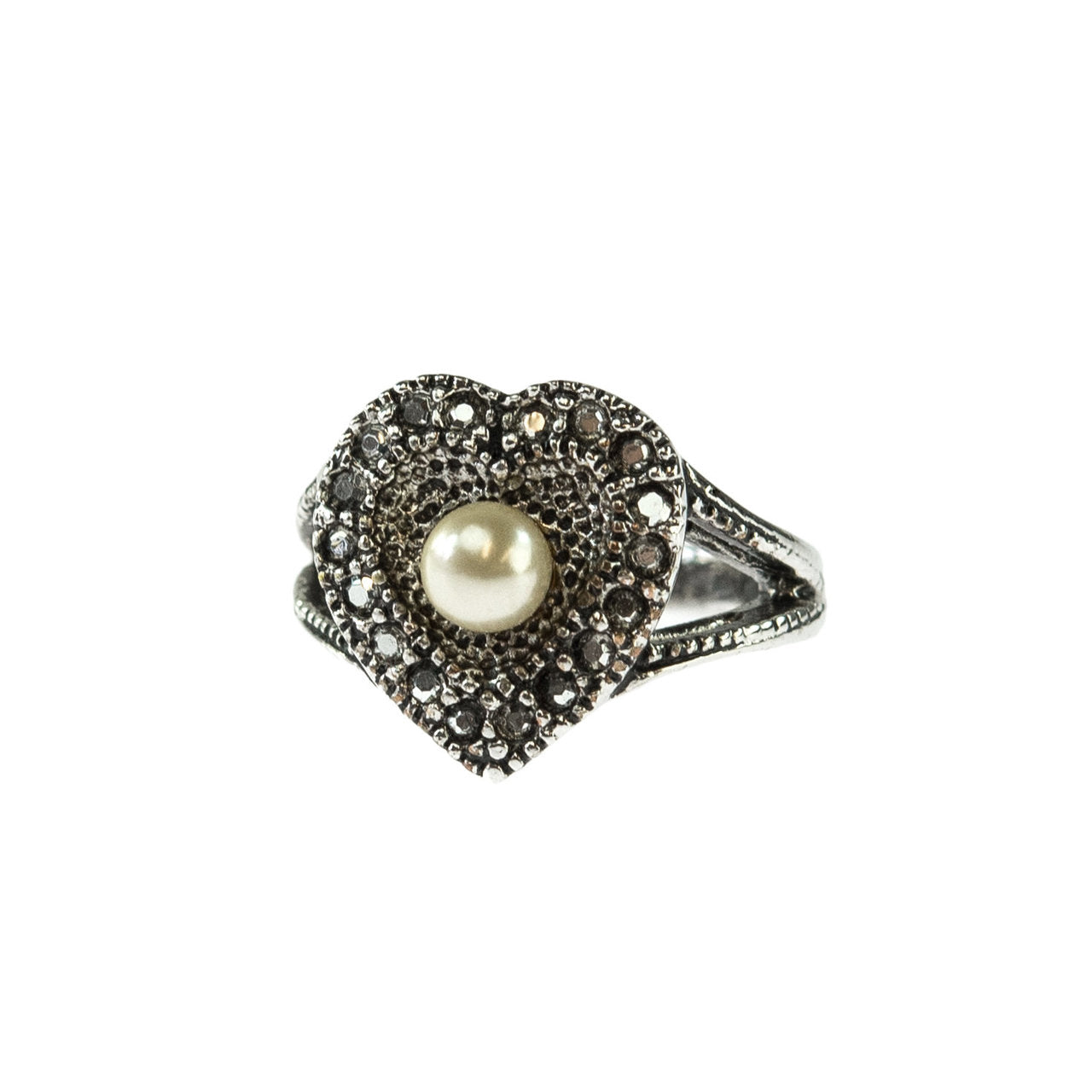Vintage Ring Pearl and Swarovski Crystal Heart Ring Antique 18k White Gold Silver Womans Jewelry R1757