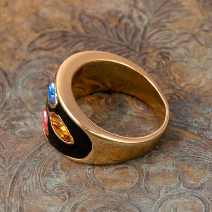 Vintage 1980's Black Enamel Ring with Clear Austrian Crystals Leaf Motif 18k Gold Plated