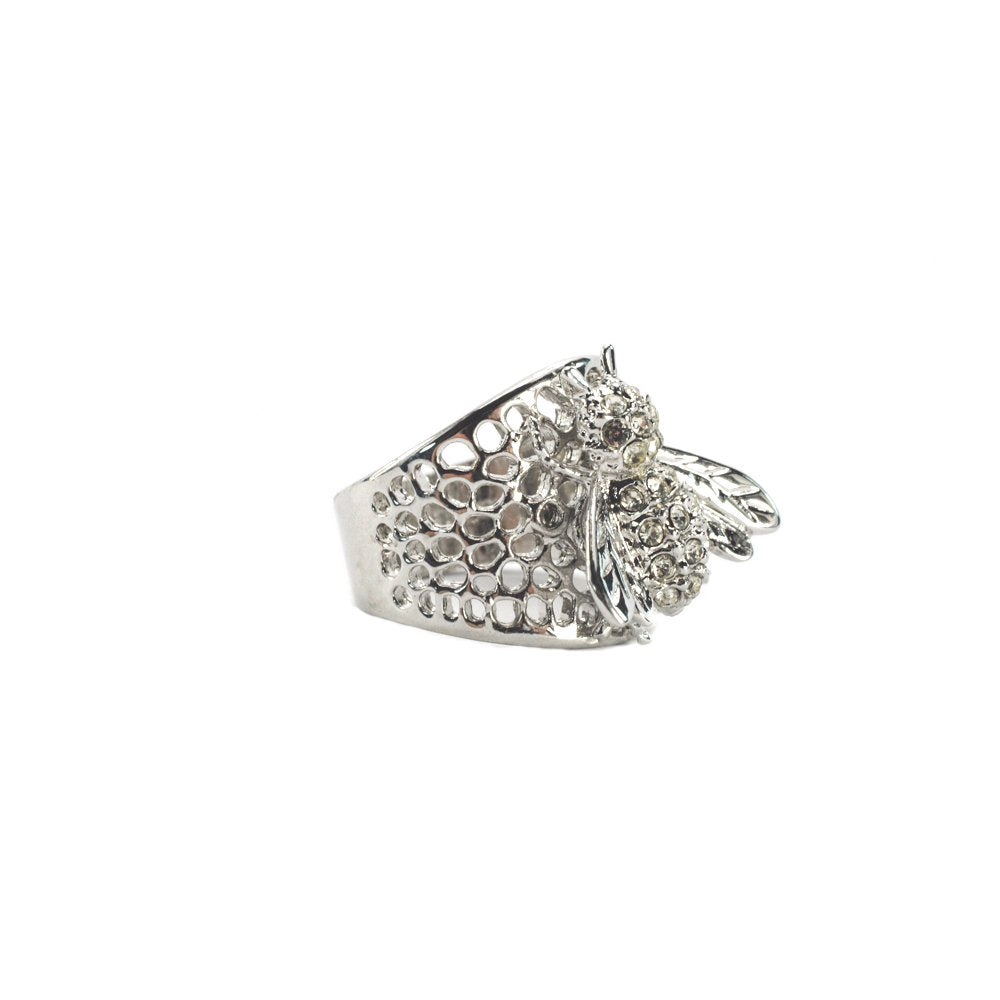 Vintage Ring Bee Ring Clear Swarovski Crystals 18kt White Gold Silver Antique Womans Jewelry #R193 Size: 8