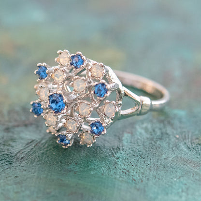 vintage-ring-sapphire-Austrian-crystals-pinfire-opals-white-gold-plated