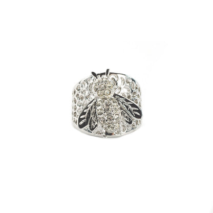 Vintage Ring Bee Ring Clear Swarovski Crystals 18kt White Gold Silver Antique Womans Jewelry #R193 Size: 8