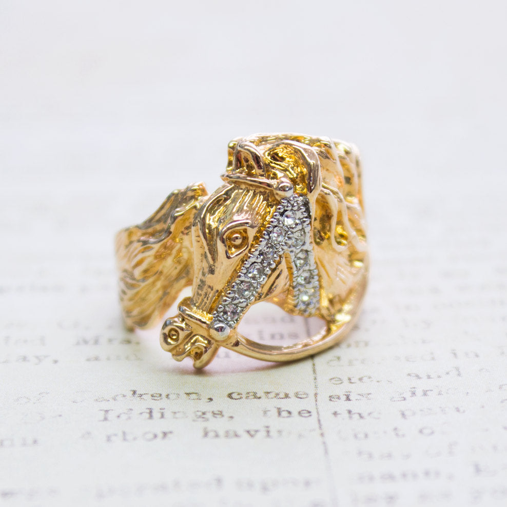 Vintage 1970s Horse Head Ring with Austrian Crystals Accents 18k Gold Electroplated Made In USA Size: 10