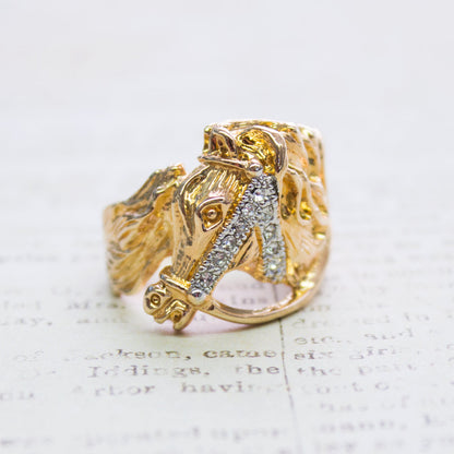 Vintage 1970s Horse Head Ring with Austrian Crystals Accents 18k Gold Electroplated Made In USA Size: 10