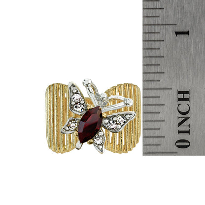 Vintage Butterfly Ring Genuine Coral and Clear Austrian Crystals 18kt Yellow Gold Electroplated