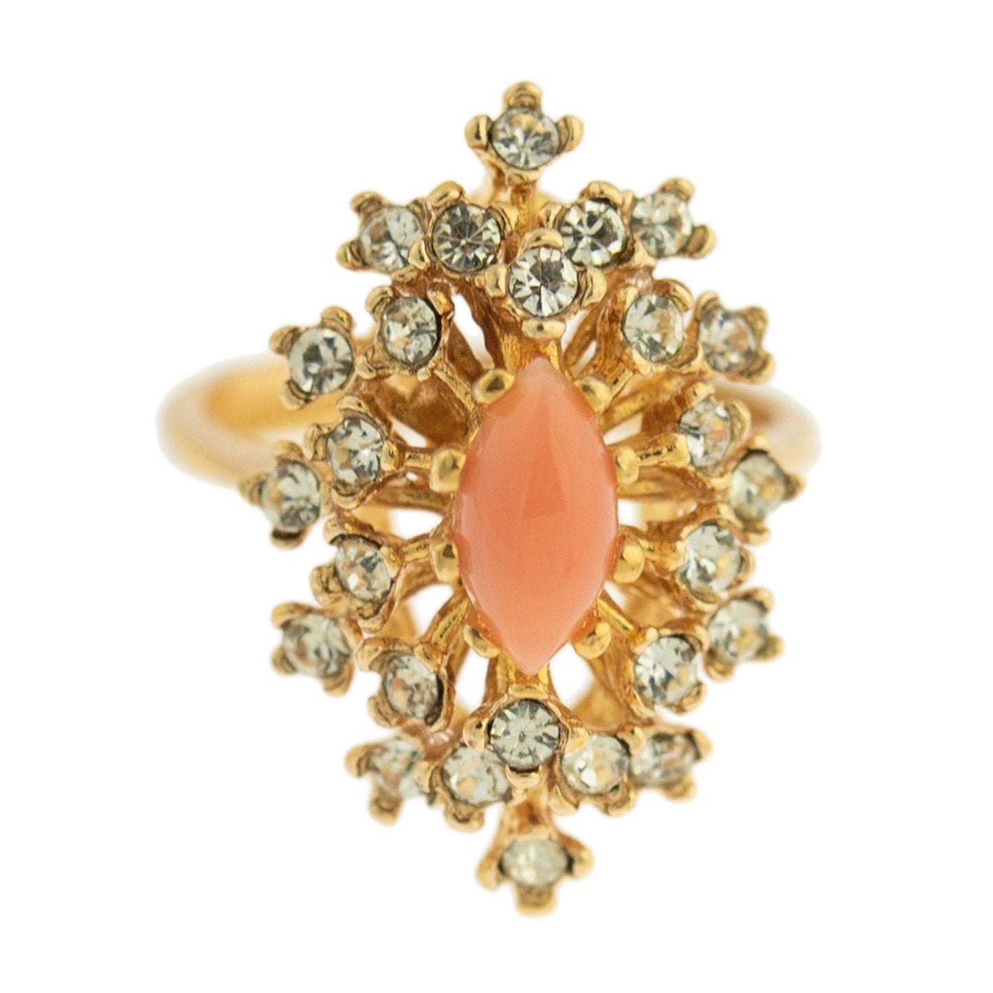 Vintage Genuine Coral and Clear Austrian Crystal Ring - 18kt Yellow Gold Electroplated jewelry image 1