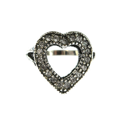 Vintage Clear Austrian Crystal Heart Ring Antiqued 18k White Gold Electroplated Made in USA