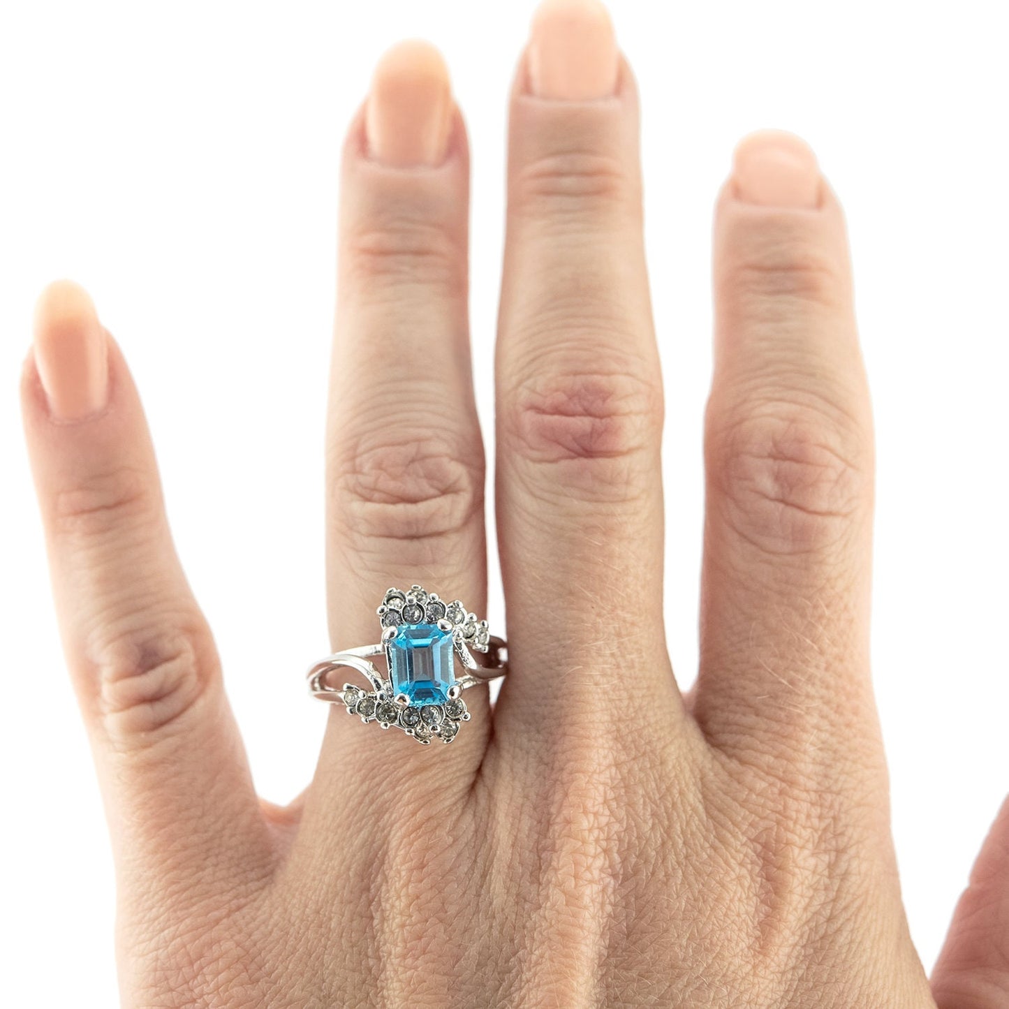 Vintage Ring Genuine Blue Topaz and Clear Swarovski Crystals 18kt Gold Plated R1639 Size 7