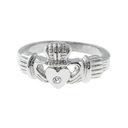 Vintage Jewelry Clear Austrian Crystal Claddagh Ring 18k White Gold Electroplated Made in the USA