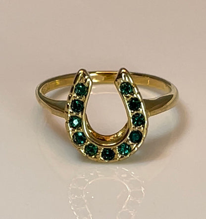 Vintage Ring 1970s Lucky Horseshoe Ring Austrian Crystals 18k Gold Antique Womans Jewelry Horse