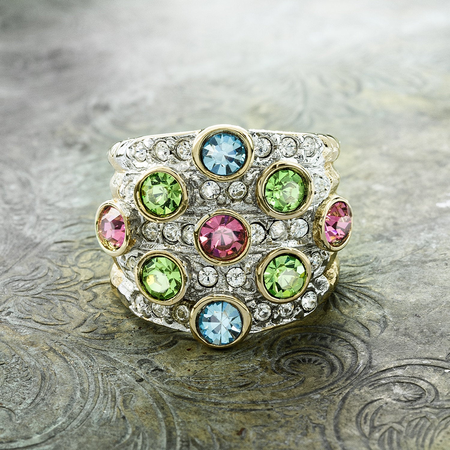 Vintage Pavé Pastel Multi Color & Clear Austrian Crystal Cocktail Ring - 18k Yellow Gold Electroplated - Made in USA jewelry image 1