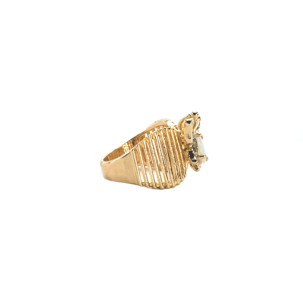 Vintage Butterfly Ring Genuine Coral and Clear Austrian Crystals 18kt Yellow Gold Electroplated