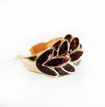 Vintage 1970's Deep Ruby Enamel with Sparkle Undertone Leaf Motif 18k Gold Electroplated Ring