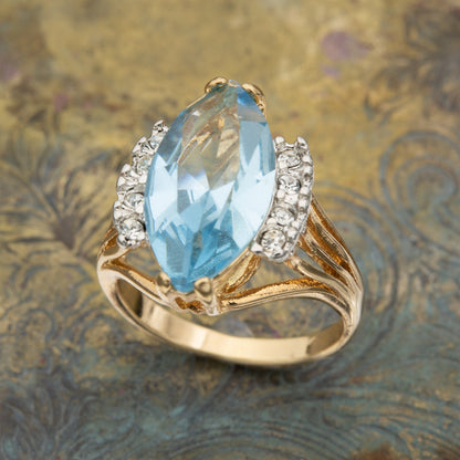 Vintage Ring Aquamarine Marquise Crystal 18k Gold Antique Womans Jewelry Handmade Rings