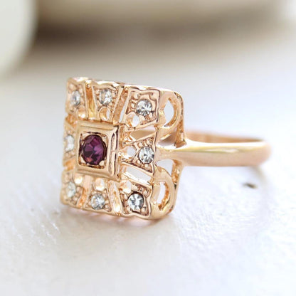Vintage 1970s Ring Amethyst and Clear Swarovski Crystals 18k Gold  Size 10 Only February Birthstone #R1263