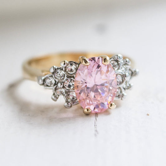 Vintage 1980's Cubic Zirconia Ring with Clear Austrian Crystals 18k Yellow Gold Electroplated