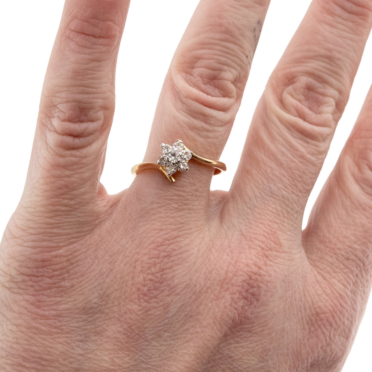 Vintage Jewelry Clear Austrian Crystal Flower Motif Cocktail Ring 18k Yellow Gold Electroplate Size: 5