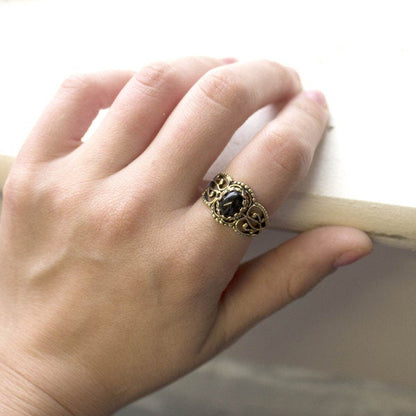 Vintage Jewelry Genuine Jade Ring Antiqued 18kt Yellow Gold Electroplated Made in the USA