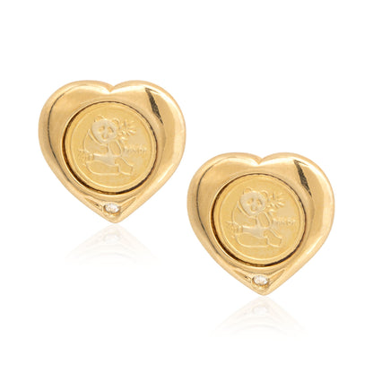 Vintage Panda Bear Heart Earrings with Diamond Chip 18k Gold Electroplated Handcrafted Made in USA