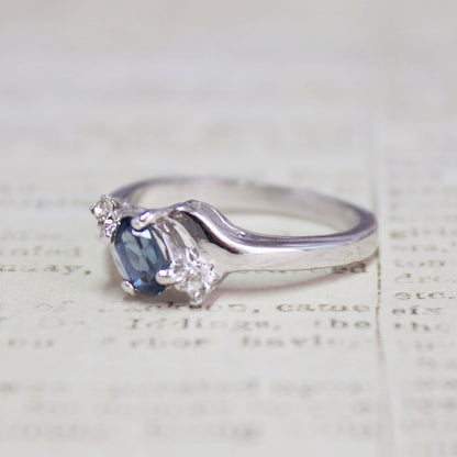 Vintage Ring Sapphire & Clear Austrian Crystals 18k White Gold Electroplated September Birthstone