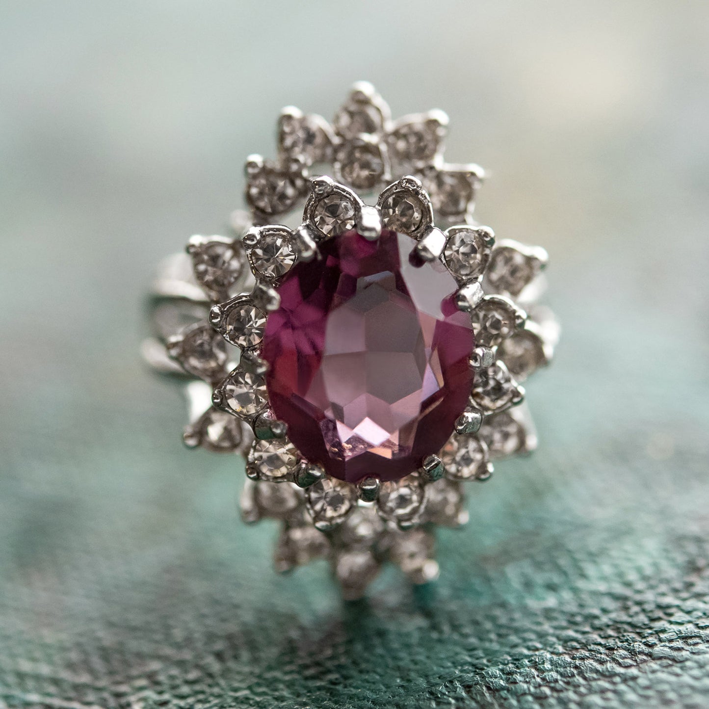 Vintage Amethyst and Clear Austrian Crystal 18k White Gold Electroplated Cocktail Ring - Made in USA jewelry image 1