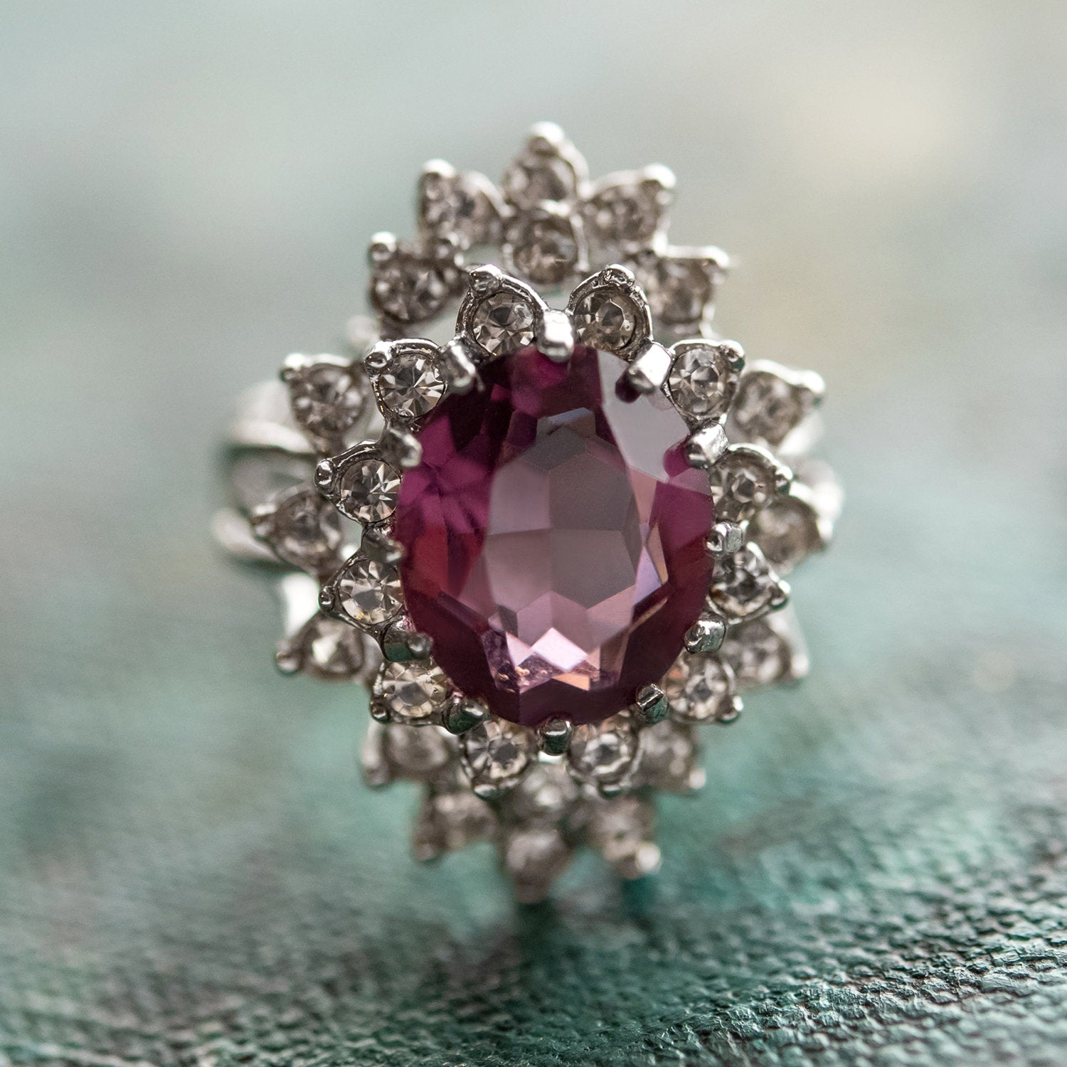 Vintage Amethyst and Clear Austrian Crystal 18k White Gold Electroplated Cocktail Ring - Made in USA jewelry image 1